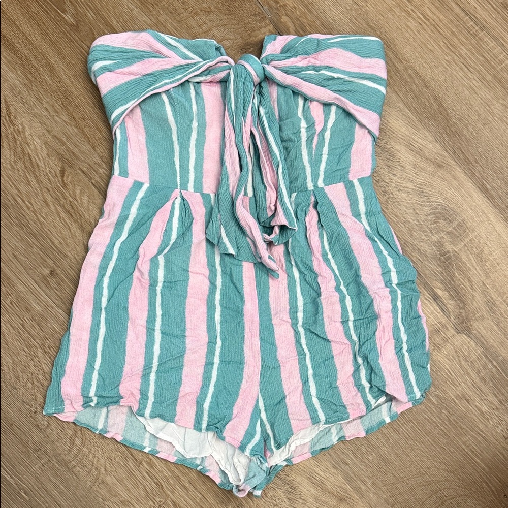 Striped Tie-Front Strapless Romper in Pink & Teal